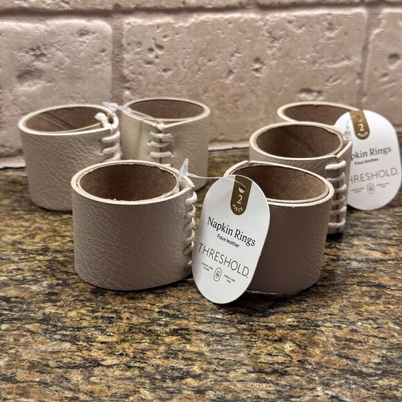 Set Of 6 Threshold Faux Leather Napkin Rings Beige New - Picture 1 of 4